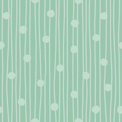 Seamless pattern of hand drawn stripes and polka dot on light teal background. For textile, wallpaper, giftware, stationery and packaging design.