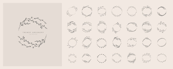 Set of inimal feminine botanical floral branch and logo. Hand drawn wedding herb, homeplant with elegant leaves. Botanical rustic trendy greenery vector © merfin