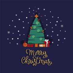 Christmas tree with decoration and gift boxes on a dark blue background. Merry Christmas celebration. Cartoon flat vector illustration