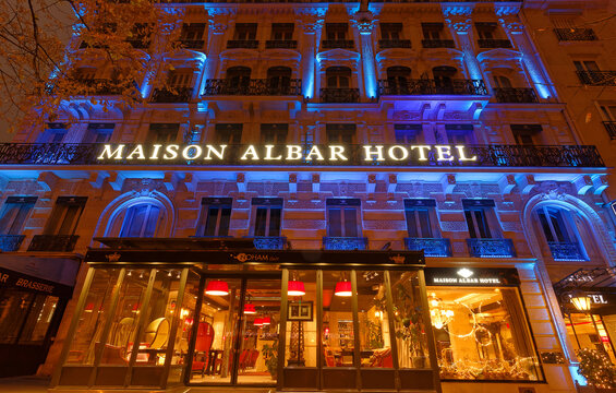 Maison Albar Hotel at night in Paris located just metres away from the Triumphal Arch in Paris, France.
