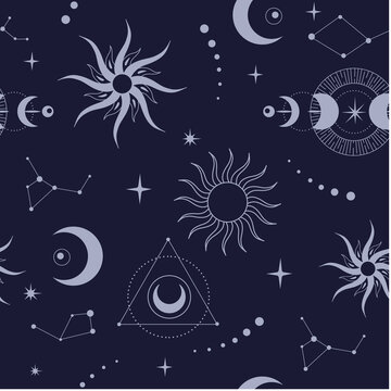 Vector seamless pattern with celestial mystic esoteric magic elements sun moon and clouds Different stages of moon, zodiac Signs. Alchemy tattoo template