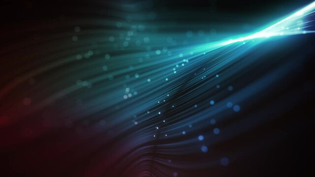 Abstract Flowing Digital Data Lines Network And Communication Loop/ 4k animation of an abstract technology wallpaper background of flowing particle lines and nodes for communication with depth of fiel