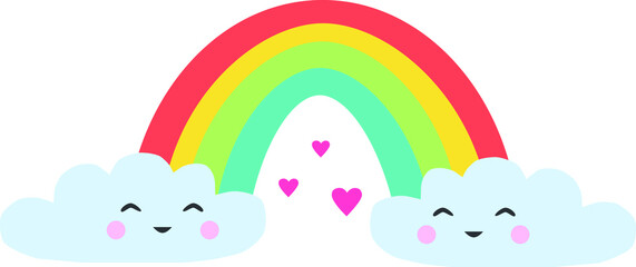 Obraz na płótnie Canvas Vector illustration of the rainbow, smiling clouds, and pink hearts in cartoon style