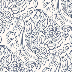 Black and white seamless pattern with Paisley print in a retro style