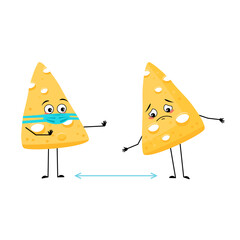 Cute cheese character with sad emotions, face and mask keep distance, arms and legs. Dairy meal or snack with depression expression. Vector flat illustration