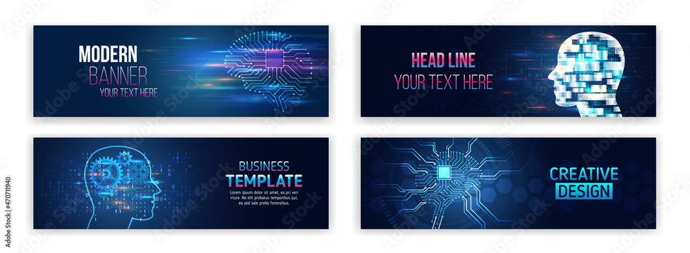 Poster Set of modern banner templates for websites. Artificial intelligence. Machine processing. Electronic mind. High tech design with technological elements. Science and digital technology concept.
