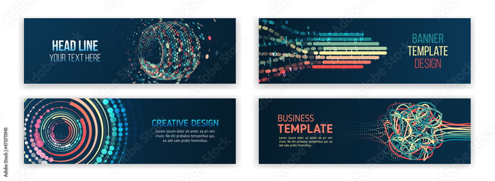 Poster Set of modern banner templates for websites. Abstract social media cover design. Horizontal header web background. Visualization of data arrays, databases. Information flow, sorting.