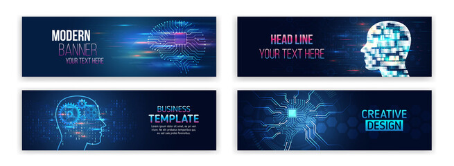 Set of modern banner templates for websites. Artificial intelligence. Machine processing. Electronic mind. High tech design with technological elements. Science and digital technology concept.