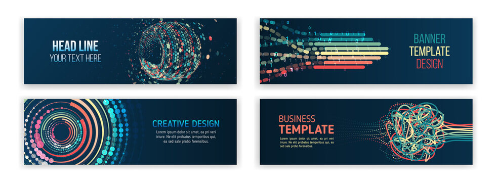 Set of modern banner templates for websites. Abstract social media cover design. Horizontal header web background. Visualization of data arrays, databases. Information flow, sorting.
