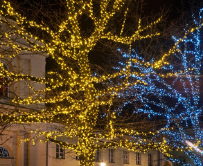 Holiday decorations of Nowy Swiat street in Warsaw. Poland