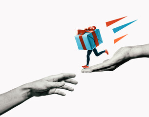 Abstract collage with a running giftbox and stretching human hands. Concept of fast delivery, giving of gifts.