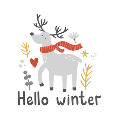 vector illustration deer and hello winter text