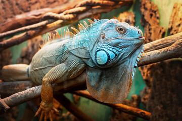  Green iguana is also known as a large arboreal lizard of the iguana genus. Terrarium at the zoo. Selective focus. Cloce up - obrazy, fototapety, plakaty