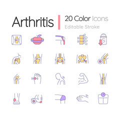 Arthritis RGB color icons set. Joints and bones disease. Knee and elbow pain. Trauma and obesity consequences. Isolated vector illustrations. Simple filled line drawings collection. Editable stroke