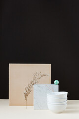 Geometric minimalist mockup with natural nature materials: plant, marble, clay, isometric set, copy space and a podium or stand for your design
