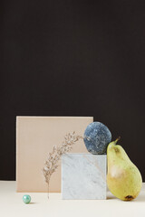 Geometric minimalist mockup with natural nature materials: plant, marble, clay, isometric set, copy...