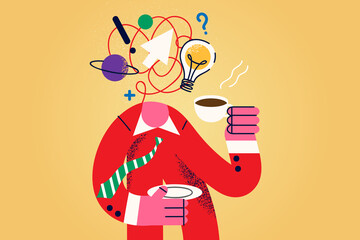 Man drink coffee generate business ideas in head - obrazy, fototapety, plakaty