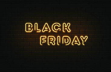 Obraz premium Black friday neon sign on brick wall. Vector bright signboard.