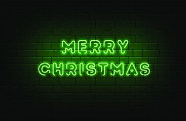 Merry Christmas green neon sign. Vector bright signboard