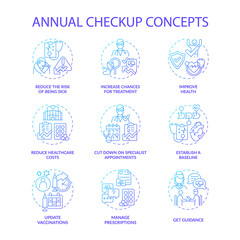 Annual checkup blue gradient concept icons set. Regular medical examination idea thin line color illustrations. Disease complications prevention. Healthcare. Vector isolated outline drawings