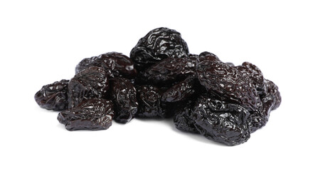 Heap of sweet dried prunes on white background
