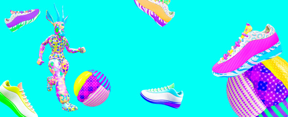 Minimalistic stylized collage banner art. 3d character Antelope and sport sneakers shoes. Shopping online, sale concept.