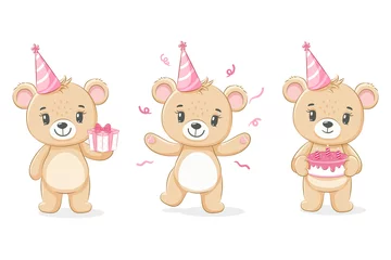 Fotobehang A cute teddy bear wishes you a happy birthday. For a girl. Vector illustration of a cartoon. © Arina
