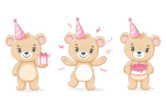 Naklejki A cute teddy bear wishes you a happy birthday. For a girl. Vector illustration of a cartoon.