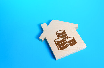 House with a money coin symbol. Solving housing problems, deciding buy or rent real estate. Cost estimate. Property price valuation evaluation. Search for options, choice of residential buildings