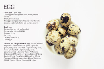 quail eggs close up on an isolated background with text and description of useful properties, macro...