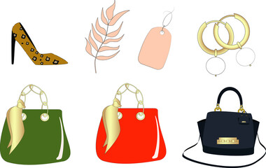 vector fashion set. bags shoes tag earrings price tag. icons