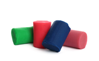 Different colorful play dough on white background