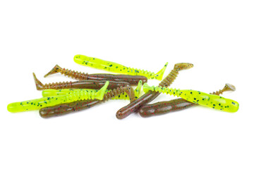 Jig silicone fishing lures isolated on a white background. Colorful baits. Silicone soft plastic bait lure