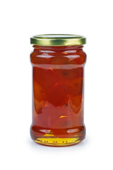 Cumquat or kumquat jam in glass jare isolated on white background