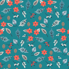 Seamless pattern with Poinsettia flower, snowy fir tree branches, frozen leaves, berries on blue background. Winter concept