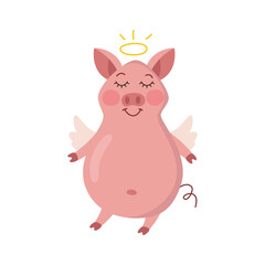 Obraz na płótnie Canvas Cute pink pig angel with wings and a halo. Vector illustration of cartoon character flat. Piggy bank