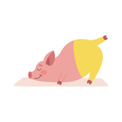 Pink pig in yellow leggings on yoga. Vector illustration of cartoon character flat. Stretching and sports