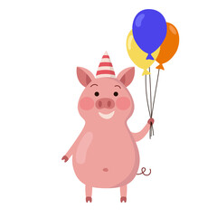 Pink pig in a birthday party hat. Vector illustration of cartoon character flat.