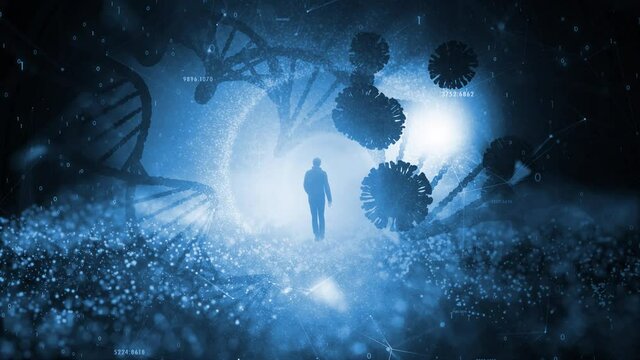 Coronavirus and DNA spirals with a walking science man  network glowy blue cyberspace animation background.