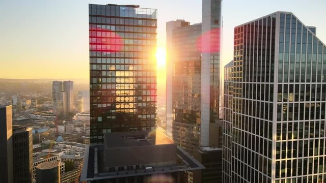 cinematic aerial view shot of Frankfurt am Main de on color sunset, financial capital of Europe, Germany (part 1)
