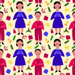 Fototapeta na wymiar Vector seamless Christmas pattern. Cute kids with Christmas gifts. Design of fabric, wrapping paper. Hand-drawn illustration in flat style.