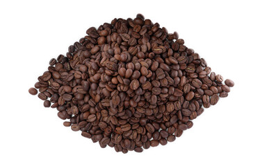 Pile of roasted coffee beans on white background, top view