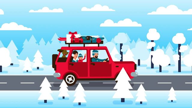 Family drives a car on winter vacation along forest road. Family is going to the Christmas holidays. Looped animation