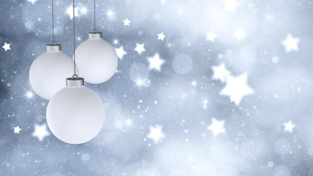 Holiday christmas ornament baubles swinging on the side of beautiful silver background with stars animation copy space animation.