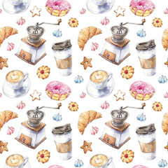 Coffee watercolor seamless pattern with hand drawn paper cup, manual coffee grinder, croissant, cappuccino, donut, cookies. Cute texture for wallpaper, wrapping, scrapbooking paper, textile design.