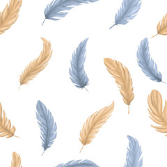 Seamless pattern of blue and nude feathers isolated on white background .