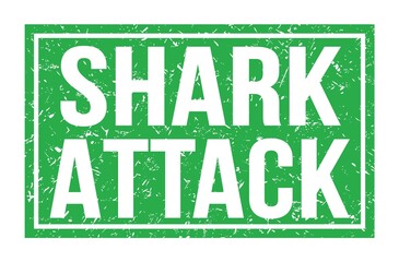 SHARK ATTACK, words on green rectangle stamp sign