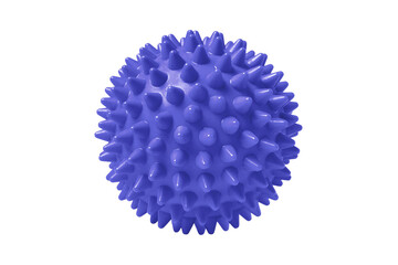 Blue plastic spiny massage ball isolated on white. Concept of physiotherapy or fitness. Closeup of a colorful rubber ball for dog teeth on a white color background. Corona virus model.