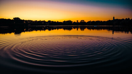 Odbicie złocistego zachodu słońca wraz z wielokrotnymi falami w  jezioru  © Kamil