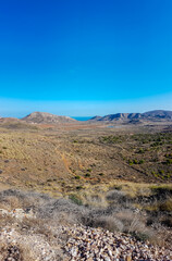 Dry Landscape in the Cabo de Gata Níjar Natural Park in southern Spain at the Mediterranean sea